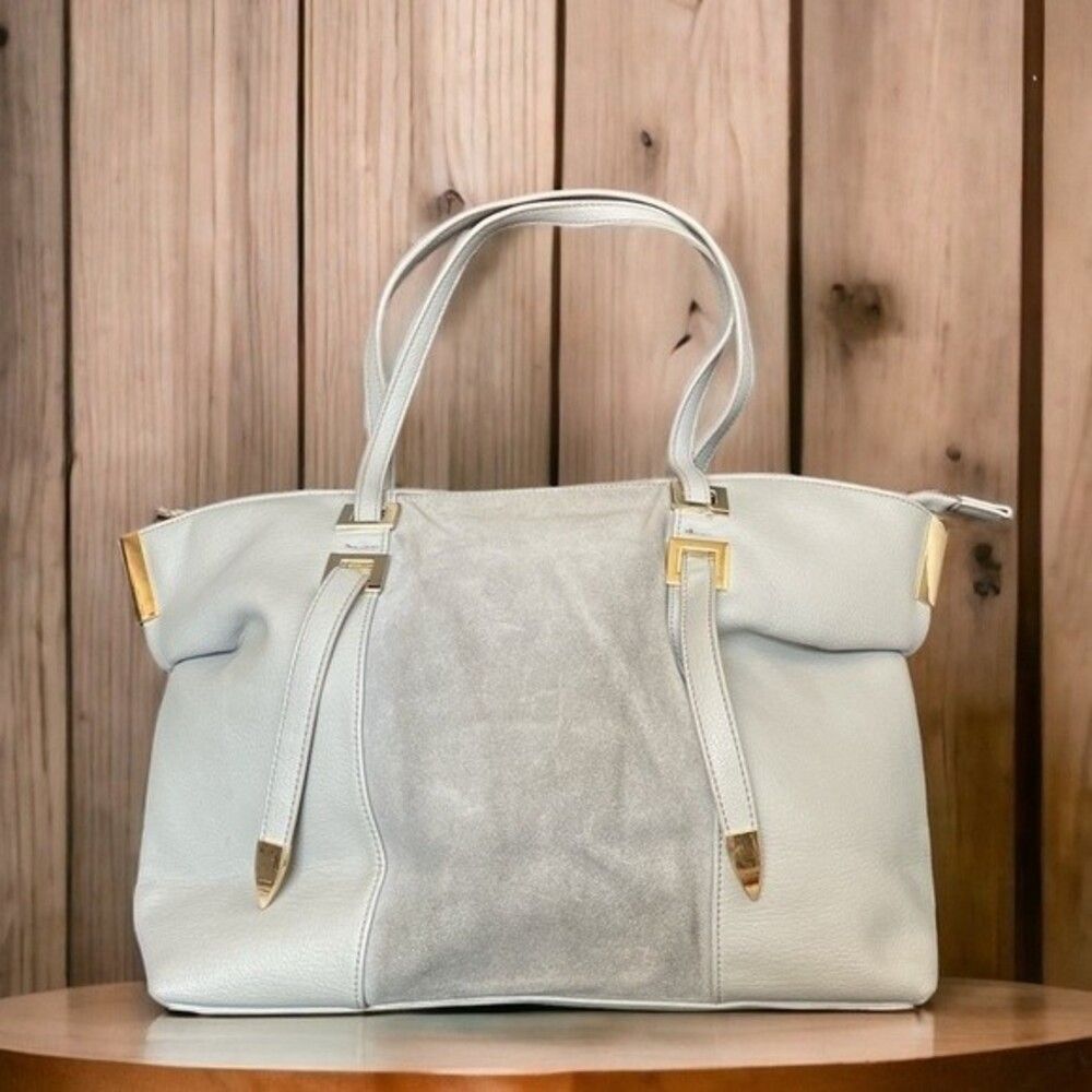 Lionel Faux Leather& Suede Shoulder Bag Purse Gray Large Gold Tone Hardware